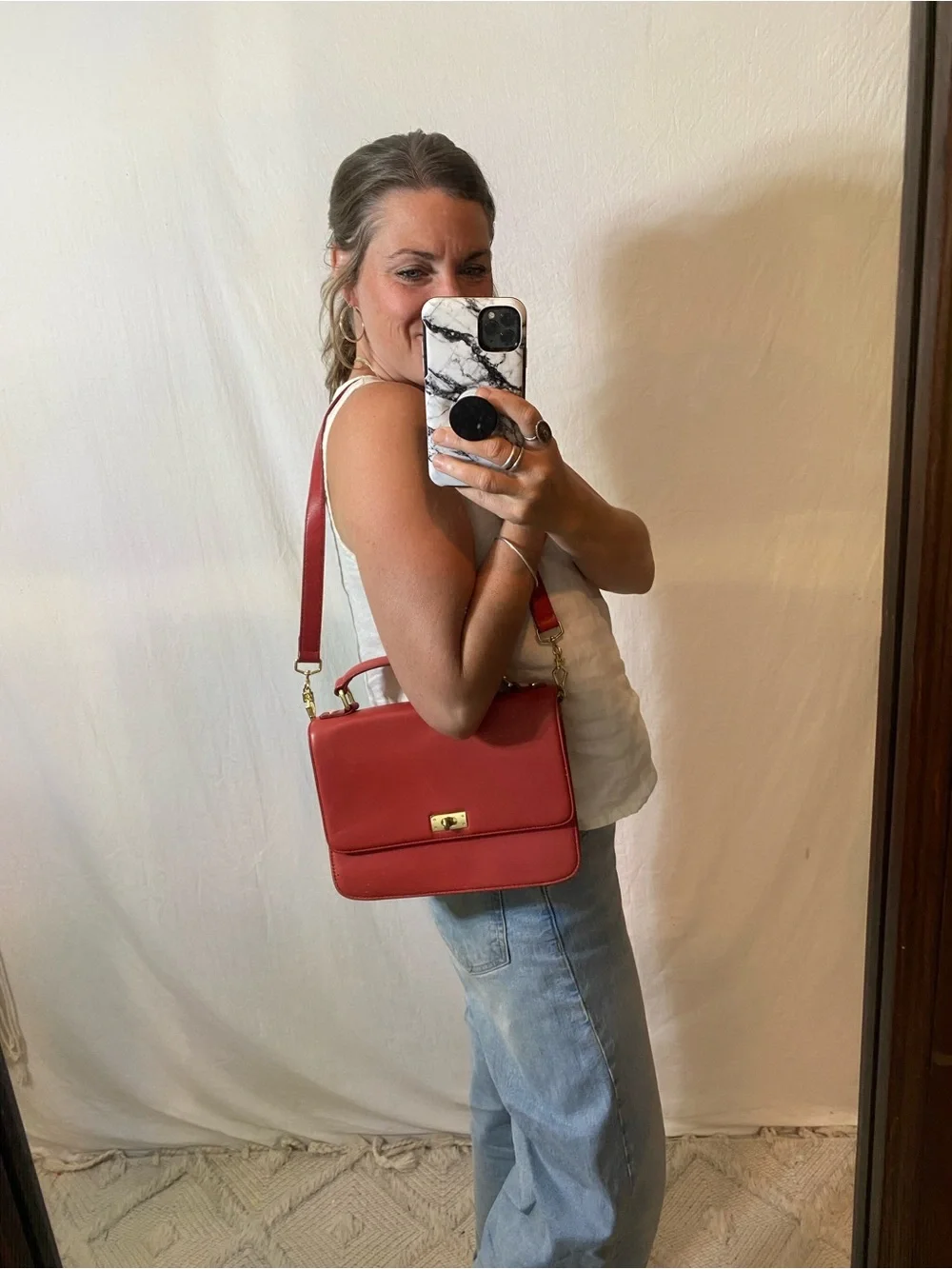 J. Crew Red Leather Top-Handle Satchel with Gold Hardware